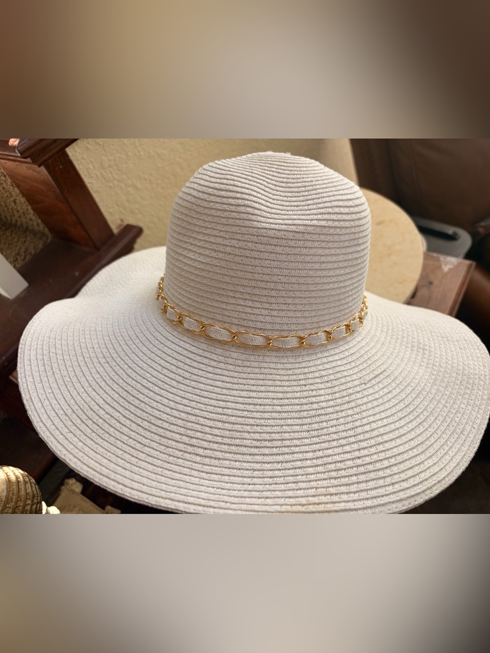Milani Cream Wide-Brim Sun Hat with Gold Chain